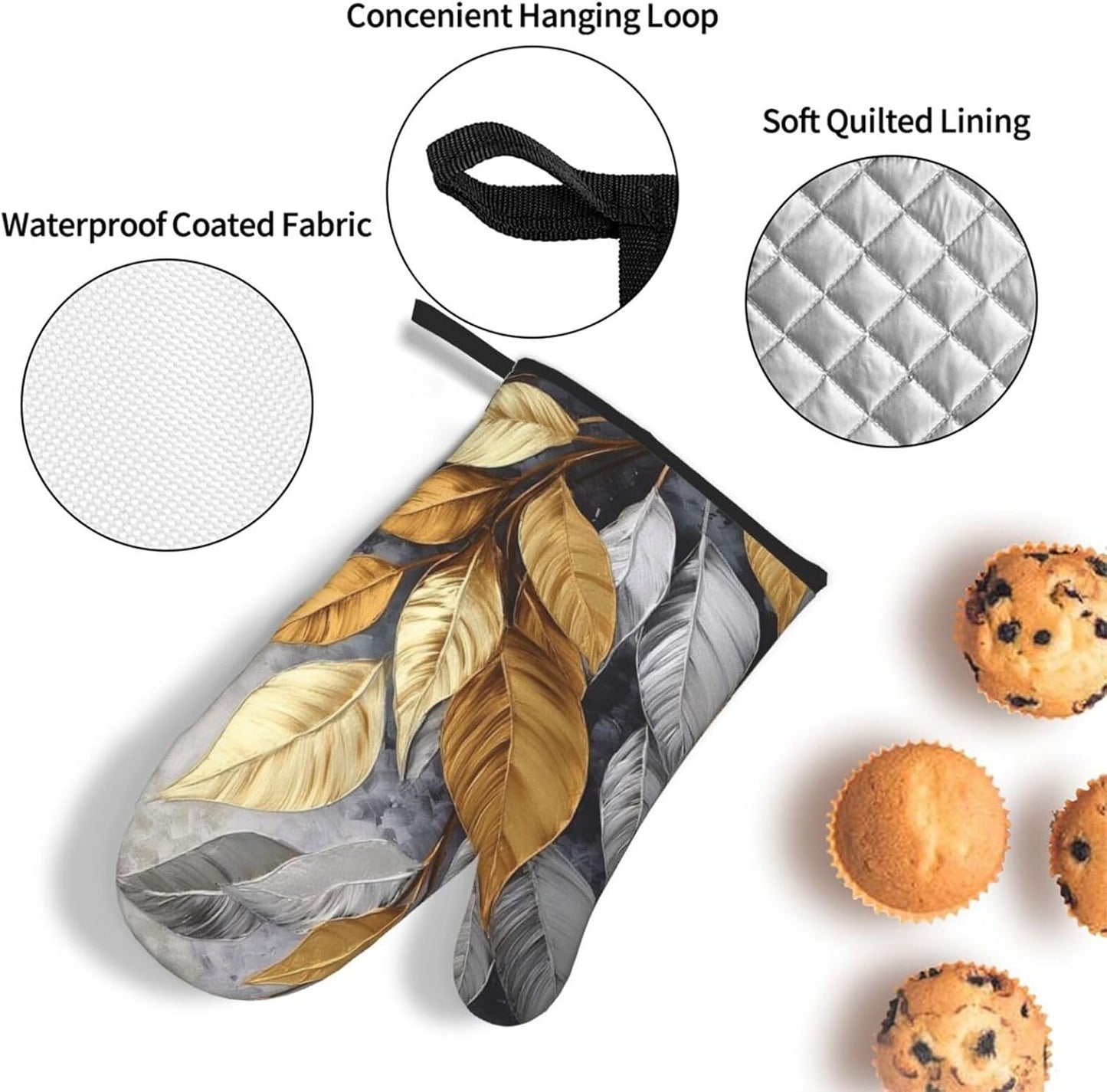 Gold Silver Tropical Leaves Oven Mitts and Pot Holders Sets of 3 Modern Hot Pads Heat Resistant Non Slip Washable for Cooking Grilling Baking BBQ Kitchen Decor