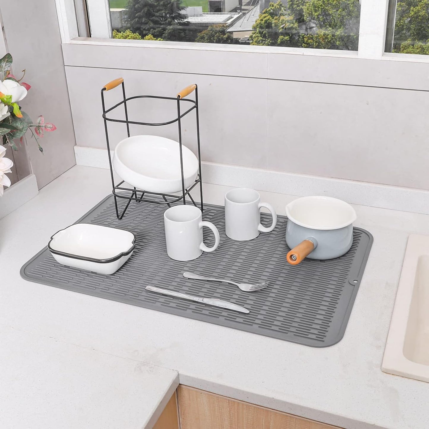 Silicone Dish Drying Mat for Multiple Usage,Easy clean,Eco-friendly,Heat-resistant Silicone Mat for Kitchen Counter or Sink,Refrigerator or Drawer Liner Grey 3XL 28 inches x 18 inches