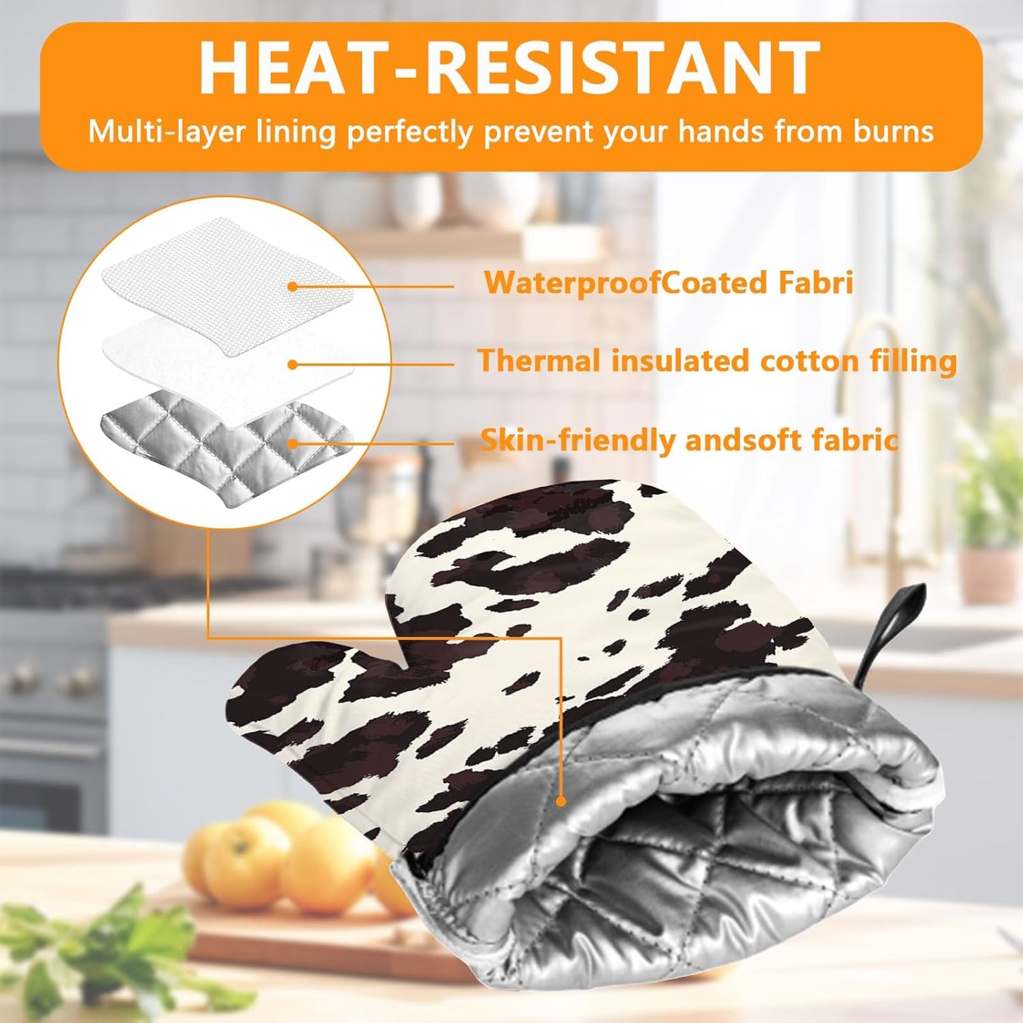 Black Cow Print Oven Mitts and Pot Holders Sets 4Pcs,Extra Long Oven Gloves Potholder for Kitchen Cooking Baking BBQ 100% Cotton Heat Resistant