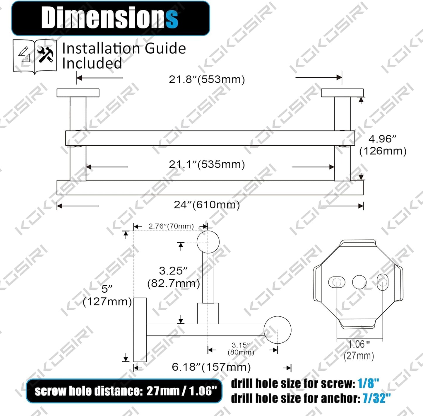 KOKOSIRI Bath Towel Holders Brushed Nickel Bathroom Rack 24-Inch Double Towel Bars Rails for Garage Kitchen Stainless Steel B5009BR-L24