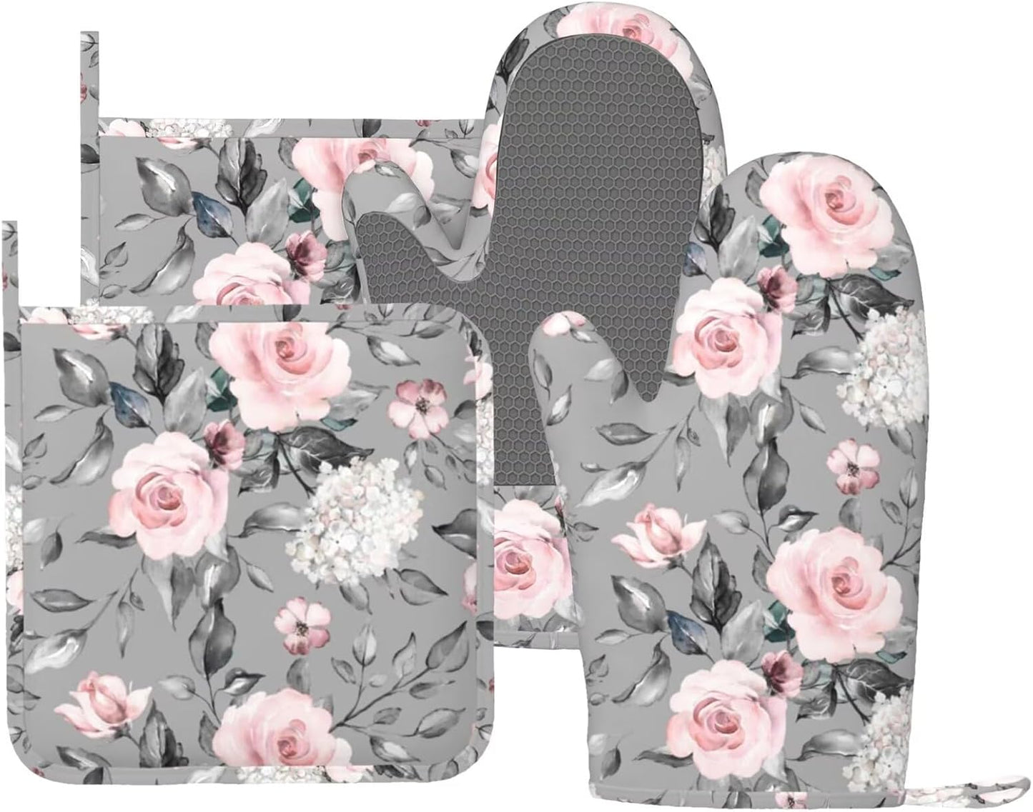 Roses Oven Mitts Pot Holders Set Silicone Heat Resistant Gray Flower Pink Rose Oven Mitts and Hot Pads Rose Potholders Non-Slip Oven Gloves for Cooking Baking Grilling BBQ