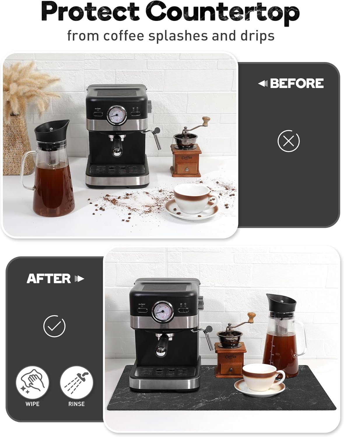 SUEH DESIGN Coffee Mat, Absorbent Dish Drying Mat 23.6 x 15.7 in Quick Dry Coffee Mat Large Drying Mats for Kitchen Counter Coffee Bar, Marble Black