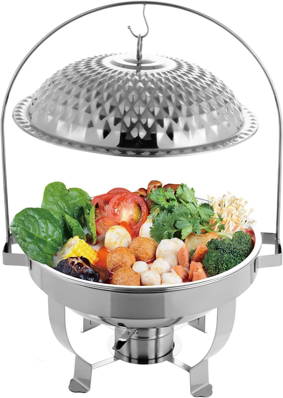 Chafing Dish Buffet Set, Stainless Steel Hanging Lid Dining Stove, Roll Top Chafing Dish Buffet Diamond-Shaped Lid and Round Stand for Buffet Restaurants and Banquets (Silver, 6L/6.3QT)