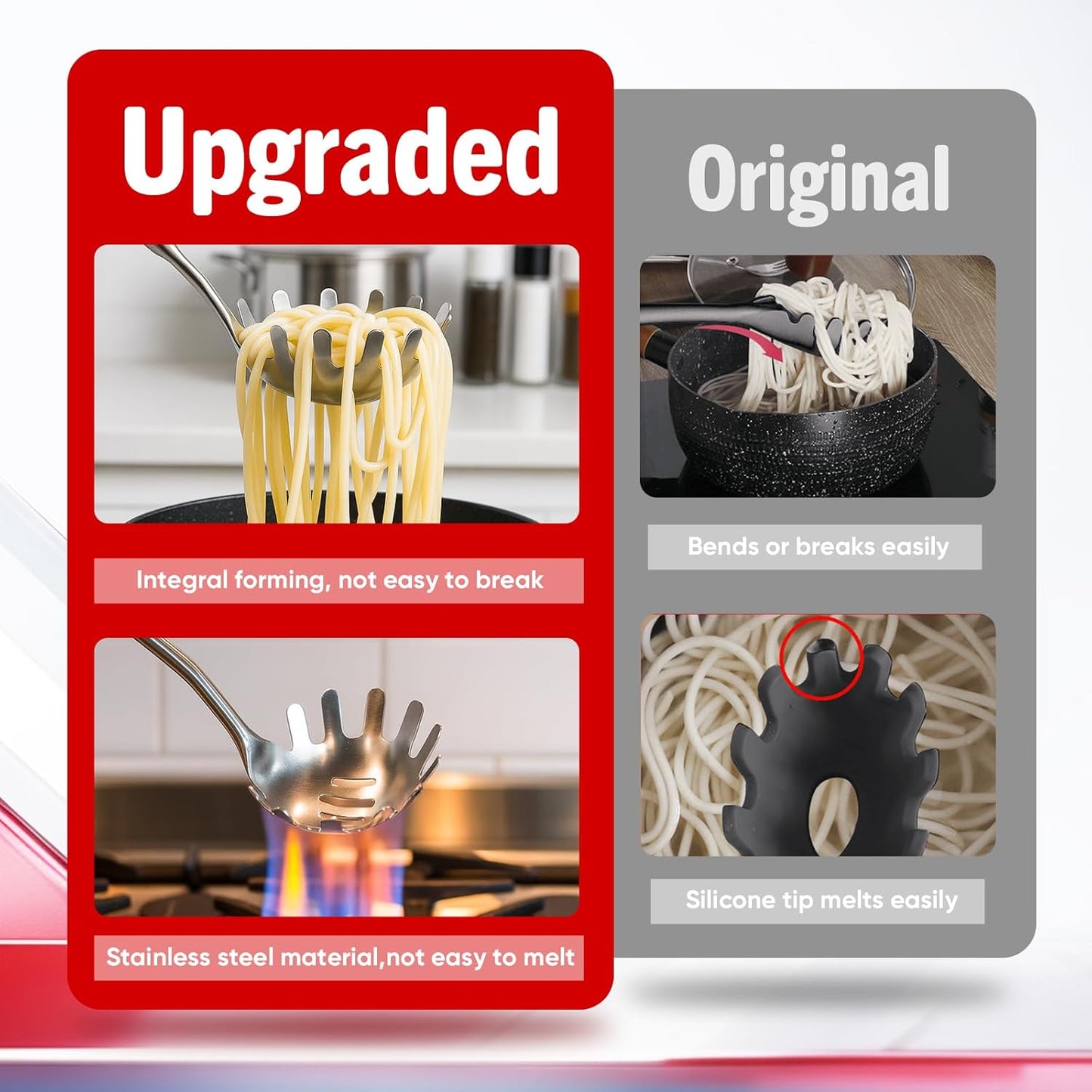 Newness 304 Stainless Steel Spaghetti Server and Spaghetti Tong, [Rustproof, Integral Forming, Durable] Pasta Spoon with Teeth with Vacuum Ergonomic Handle, Comfortable Grip Design Pasta Server