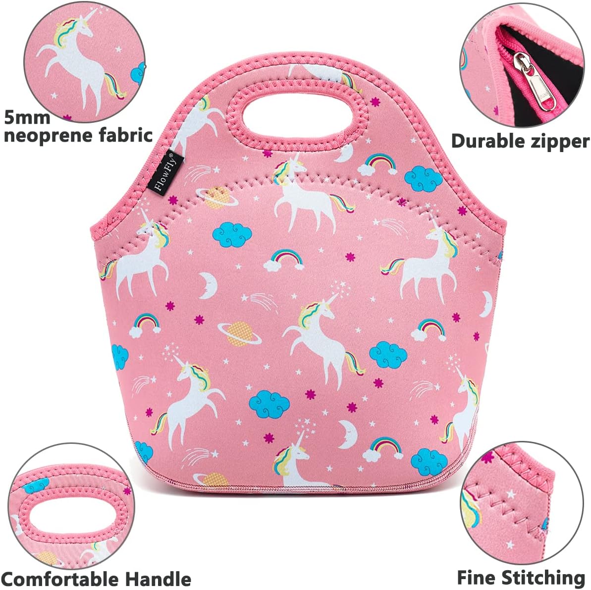 FlowFly Neoprene Lunch Tote Insulated Thermal Reusable Lunch Bag Box for Boys Men with Zipper,Unicorn