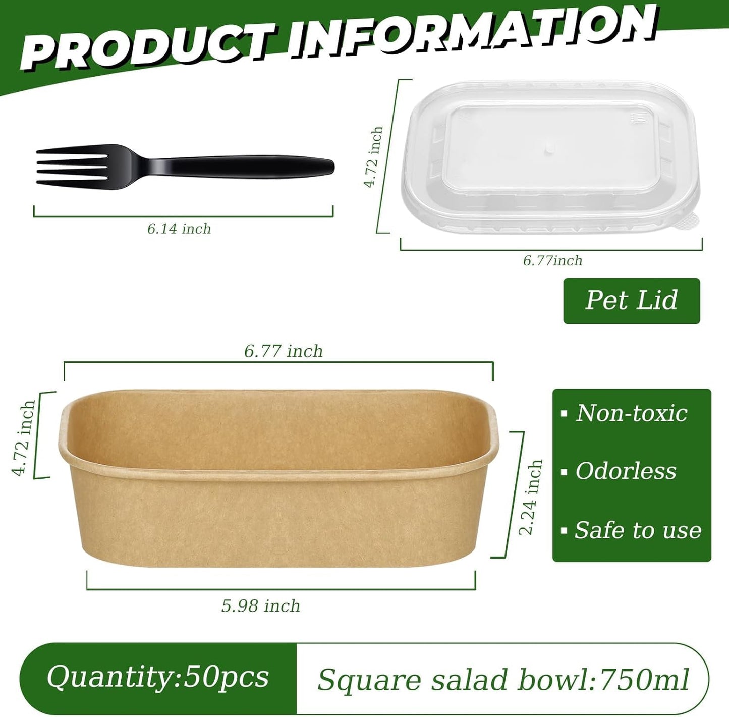 DI QIU REN 50-Pack 25oz Paper Bowls, Disposable Food Containers with Lids and Forks, Rectangular Disposable Salad Bowls for Diet Salad, Pasta (kraft Paper Rectangular, 25oz 50 Count)