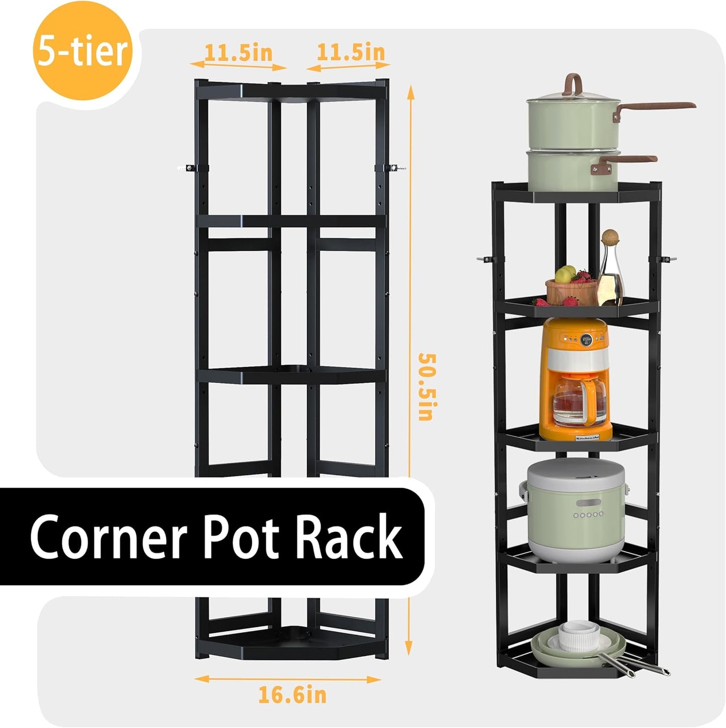 5-Tier Multifunctional Adjustable Pan & Pot Rack for Kitchen, Pan Organizer, Pot Lid Organizer (Big Corner 5-tier)