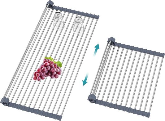 BBXTYLY Extra Expandable Roll Up Dish Drying Rack,Over The Sink Drying Rack Sink Cover Kitchen Sink Accessories Kitchen Rolling up Stainless Steel Drainer, Foldable,Rollable（Gray，22.8''-12.4''）