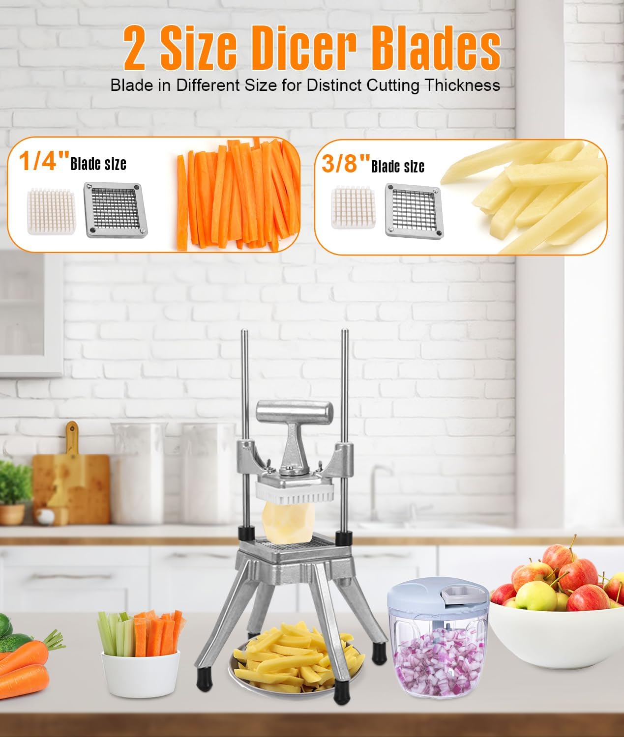 Commercial Vegetable Fruit Chopper 1/4″&3/8″ Blade Heavy Duty Professional Food Dicer Kattex French Fry Cutter Onion Slicer Stainless Steel for Tomato Peppers Potato Mushroom