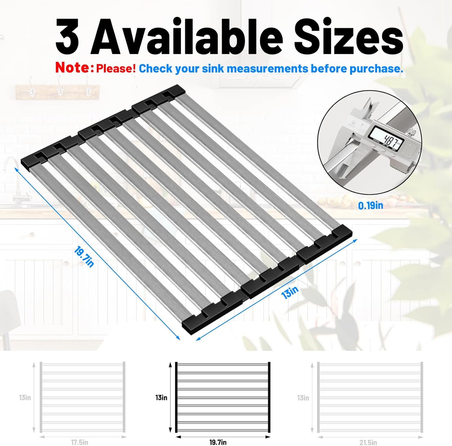 Dish Drying Rack, 19.7" X 13" Over Sink Drying Rack, Kitchen Roll Up 304 Stainless Steel Drain Rack, Roll Up for Kitchen and RV Sinks, Black