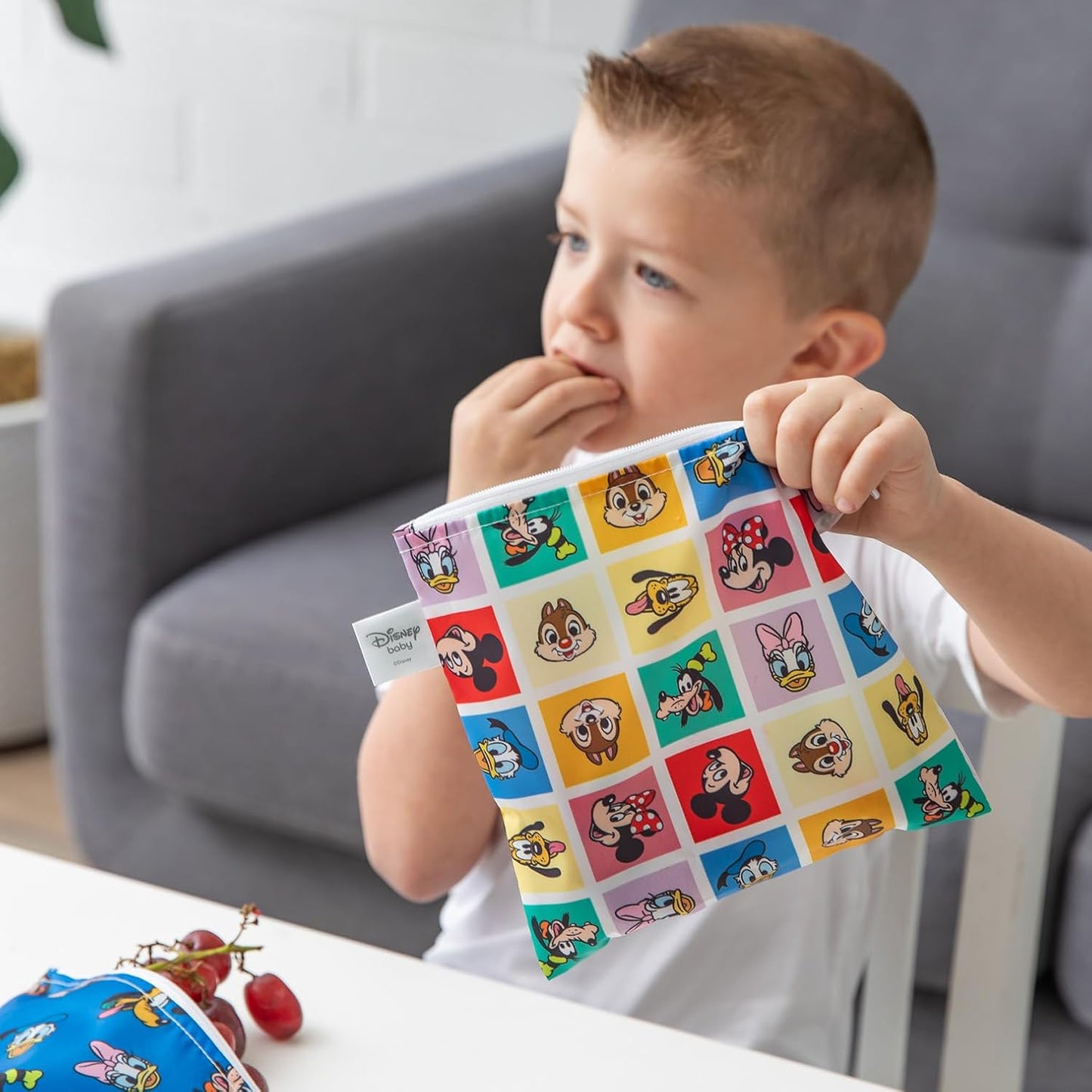 Bumkins Disney Reusable Sandwich and Snack Bags, for Kids School Lunch and for Adults Portion, Washable Fabric, Waterproof Cloth Zip Bag, Travel Pouch, Food-Safe Storage, 4-pack Set Mickey and Friends