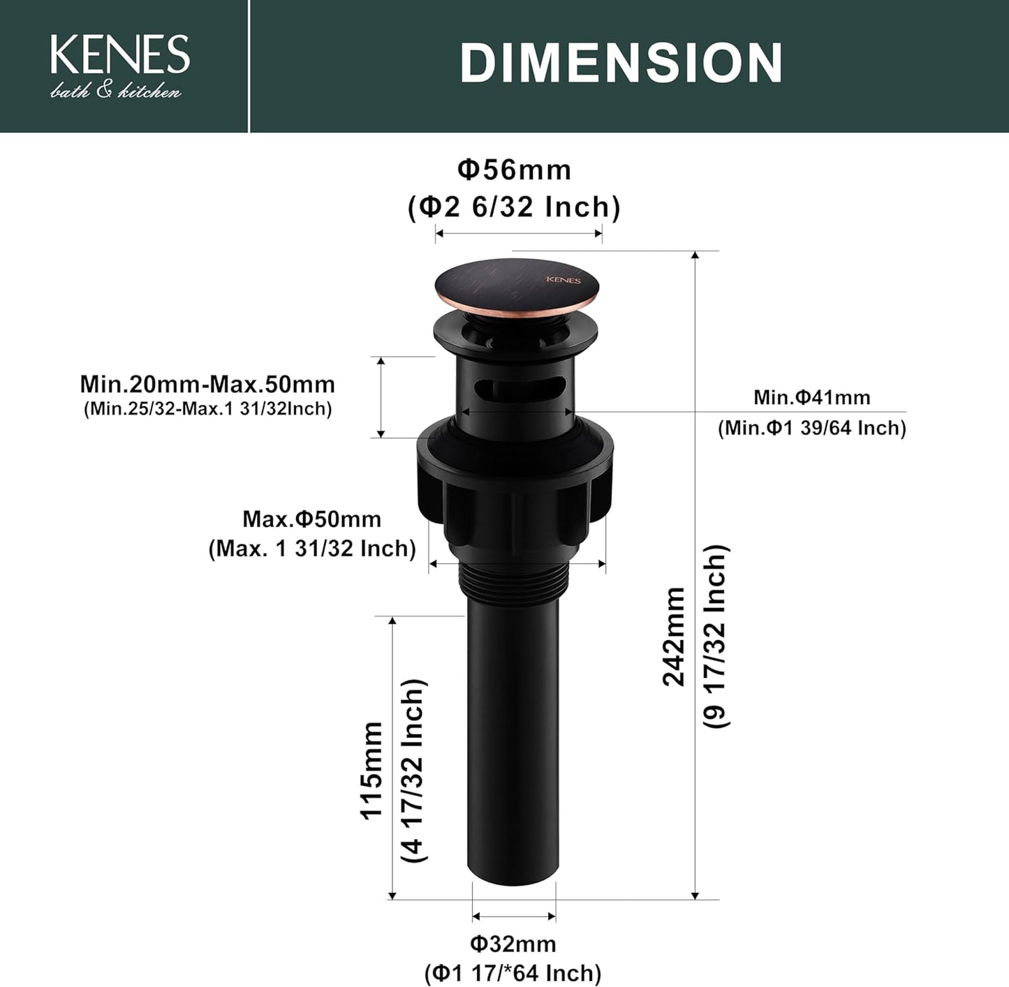 KENES Oil Rubbed Bronze Pop Up Bathroom Sink Drain with Overflow, Lavatory Bathroom Vanity Sink Drain Stopper, Sink Drain Assembly with Overflow Anti Clog Pop Up Drain