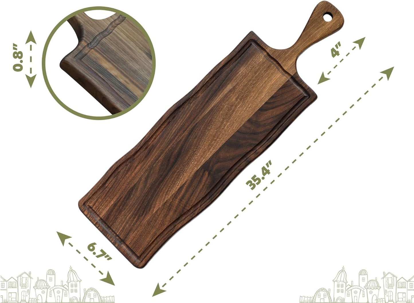 Elegant Walnut Wood Long Serving Board with Handle - Charcuterie Wooden Board - Stylish Versatility for Culinary Delights - Reversible with Juice Groove - 35.4x6.7x0.8 in - Woodie Poppins (Large)