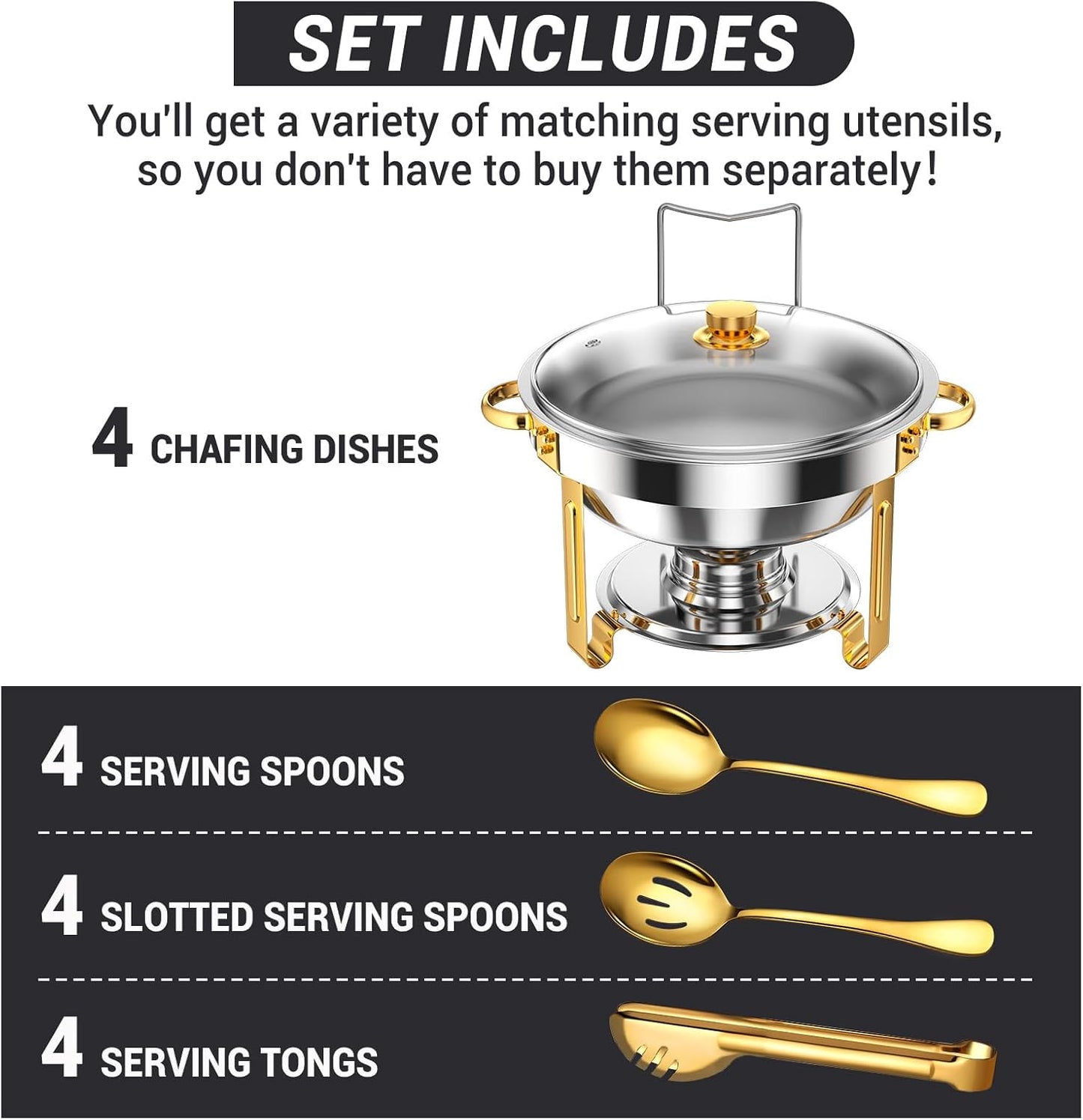 Round Chafing Dishes for Buffet 5 Qt,High Grade Chafing Dish Buffet Set, Full Size Pan,Rolled-Edge Design Food Warmers for Parties,Buffet,Wedding,Birthday,Camping 4 PACK (Half Gold-Glass)