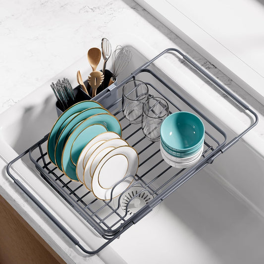 Over Sink Dish Drying Rack with Drain Board, Stainless Steel 2 in 1 Sink Organization and Storage, Dish Drainer for Kitchen Counter, Home and Apartment Essentials, 12" W x 16.1~23" L, Silver