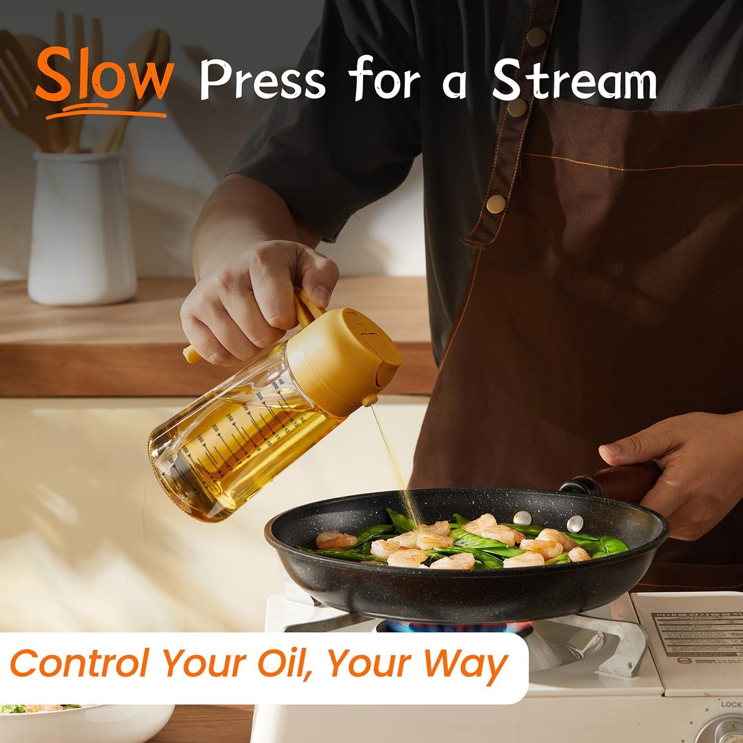 TrendPlain 16oz/470ml Glass Olive Oil Sprayer for Cooking – 2 in 1 Olive Oil Dispenser Bottle for Kitchen Gadgets and Air Fryer Accessories, Salad, BBQ - Yellow