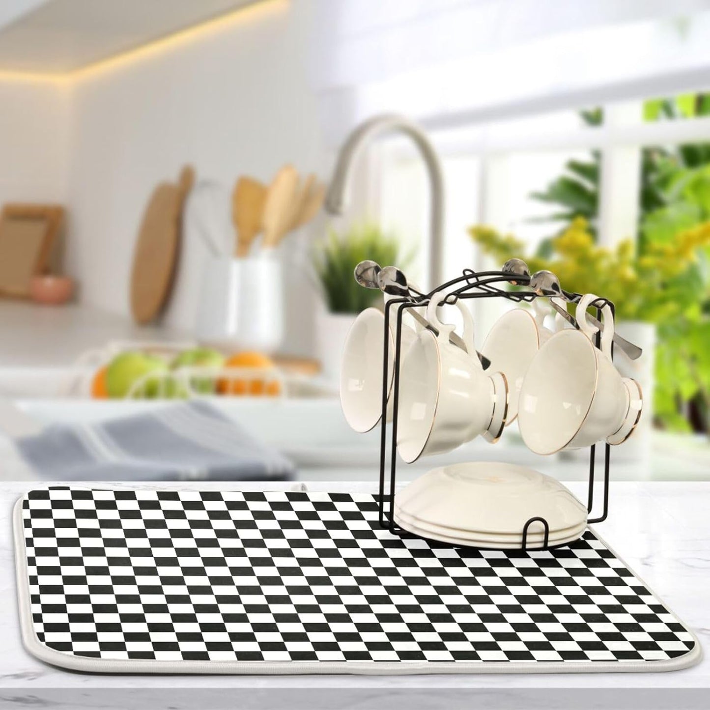 Black White Checkered Pattern Dish Drying Mat for Kitchen Counter Absorbent Microfiber Drying Pad, Large 18x24 in, Reversible Drainer Mats