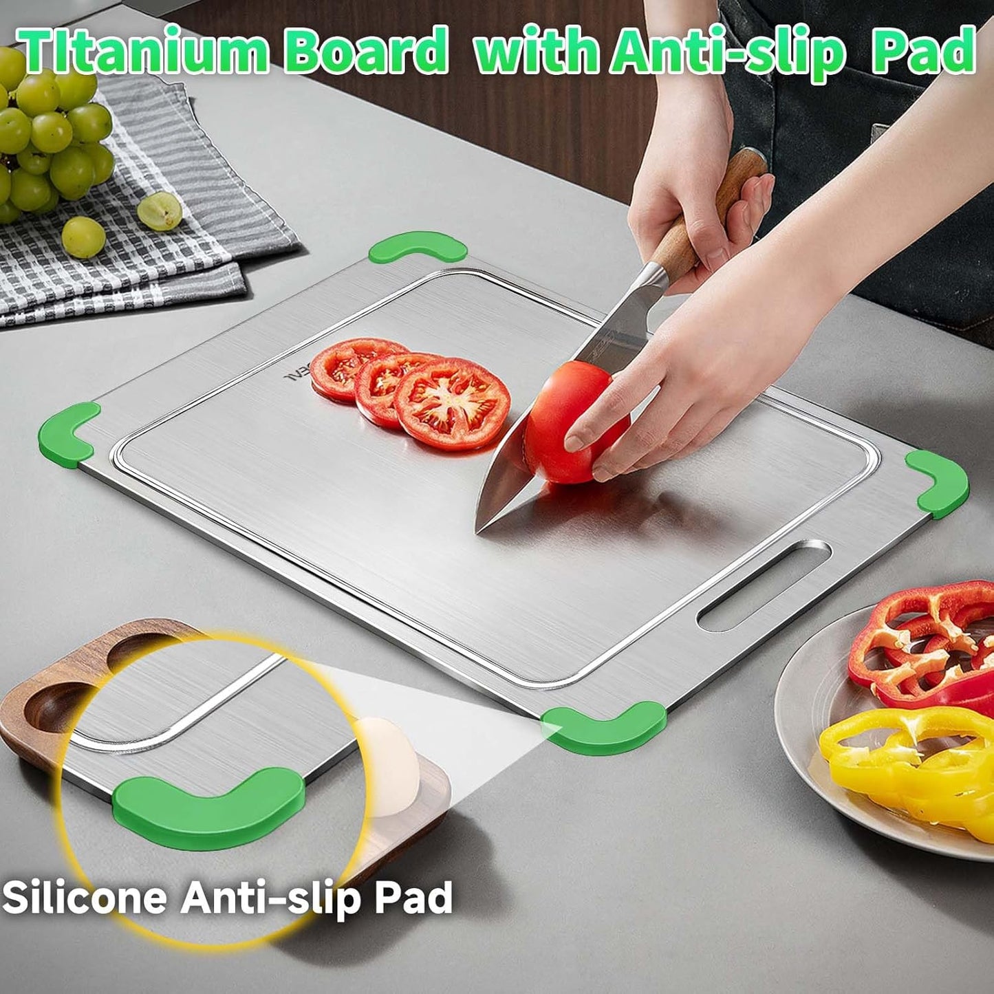 100% Pure Titanium Cutting Board with Grooves, Update Double Side Titanium Chopping Board, Silicone Anti-slip Stainless Cutting Boards for Kitchen 12 * 18 IN, Green