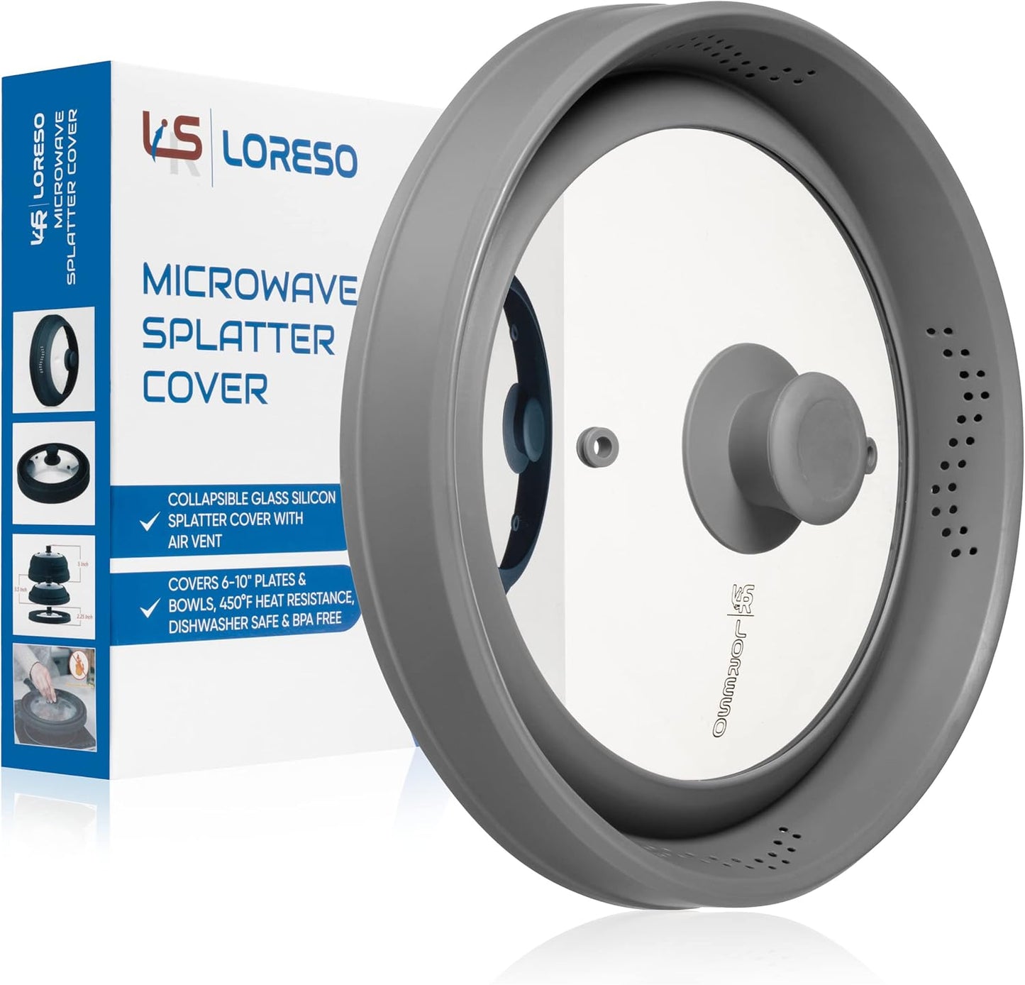 Microwave Splatter Cover for Food - Silicone Glass Dish Plate Cover, Vented with Silicone Grip Handle Knob, Collapsible, Food Grade, Microwave, Dishwasher Safe - 10" Inch