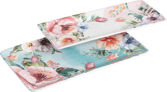 Bico Margret's Garden Ceramic 14 inch Rectangular Serving Platter, Set of 2, for Serving Salad, Pasta, Cheese, Ham, Appetizer, Microwave & Dishwasher Safe