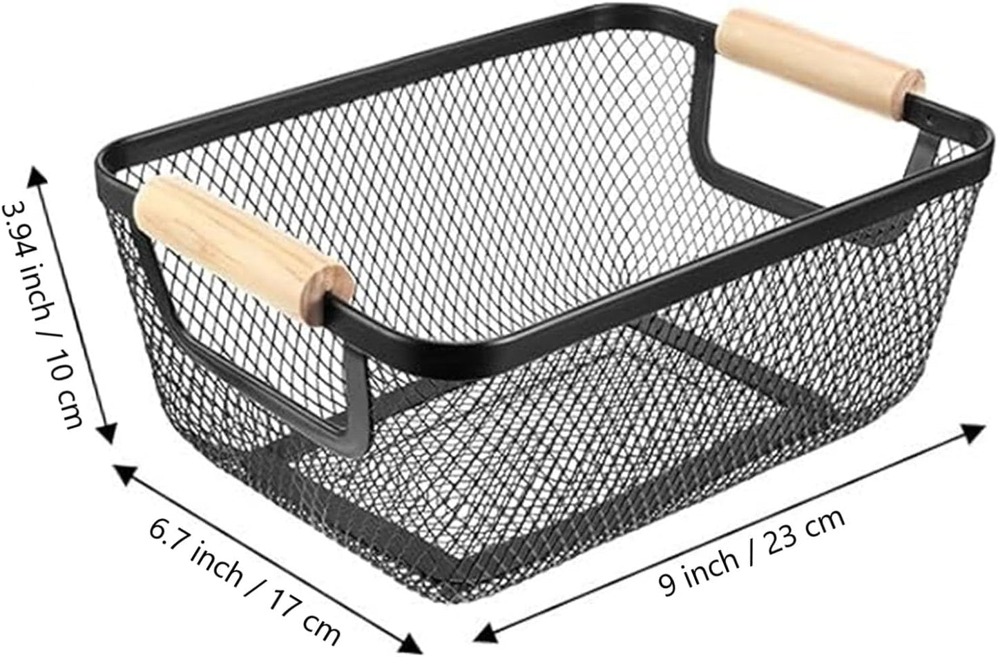 Metal Mesh Steel Basket, Small Wire Storage Organizer Basket Multi-function Hanging Kitchen Basket with Wood Handle for Kitchen Bathroom Picnic Home, Rectangle-Black