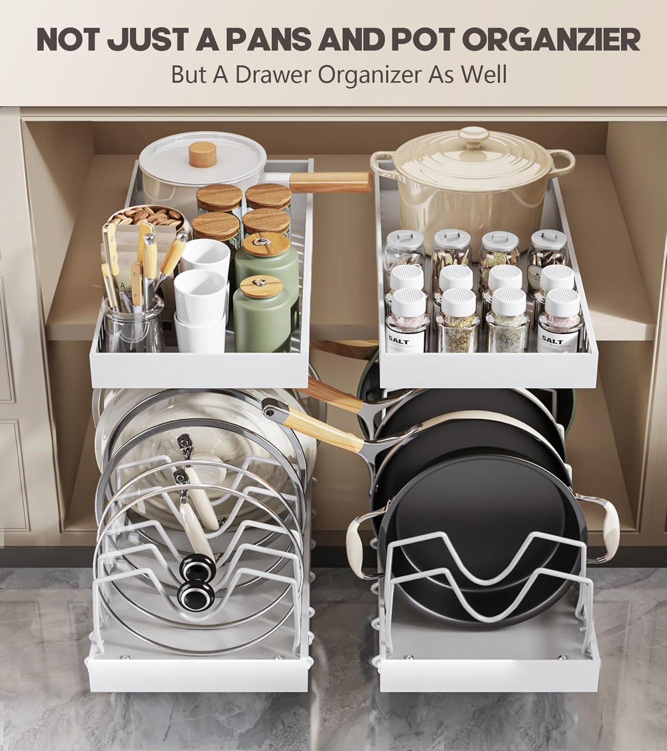 Pull Out Pots and Pans Organizer Under Cabinet, Sliding Lid Holder and Pan Rack in Kitchen, Slide Out inside Cabinet Storage for Pot Lid, Bakeware, Dishes, 8 Adjustable Dividers, 1 Pack White