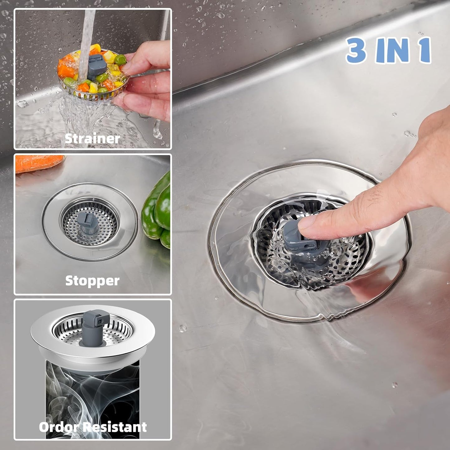 Hibbent 2 Pack Universal 3 in 1 Kitchen Sink Drain Strainer with Sink Stopper, Stainless Steel Wrapped Shell, SUS304 Anti-Clogging Basket Strainer, Fit for US Standard 3-1/2" Drain, Stainless Steel