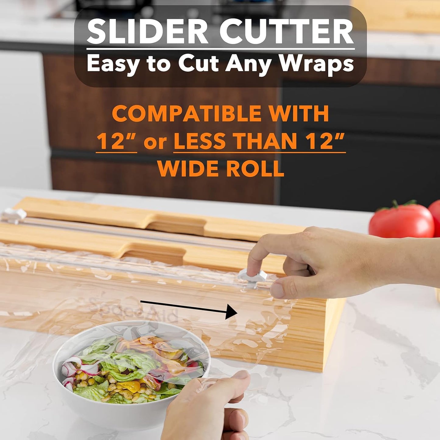 SpaceAid WrapNeat 2 in 1 Wrap Organizer with Cutter and Labels, Plastic Wrap, Aluminum Foil and Wax Bamboo Dispenser for Kitchen Storage Organization Holder for 12" Roll (Natural, 2-Slot)