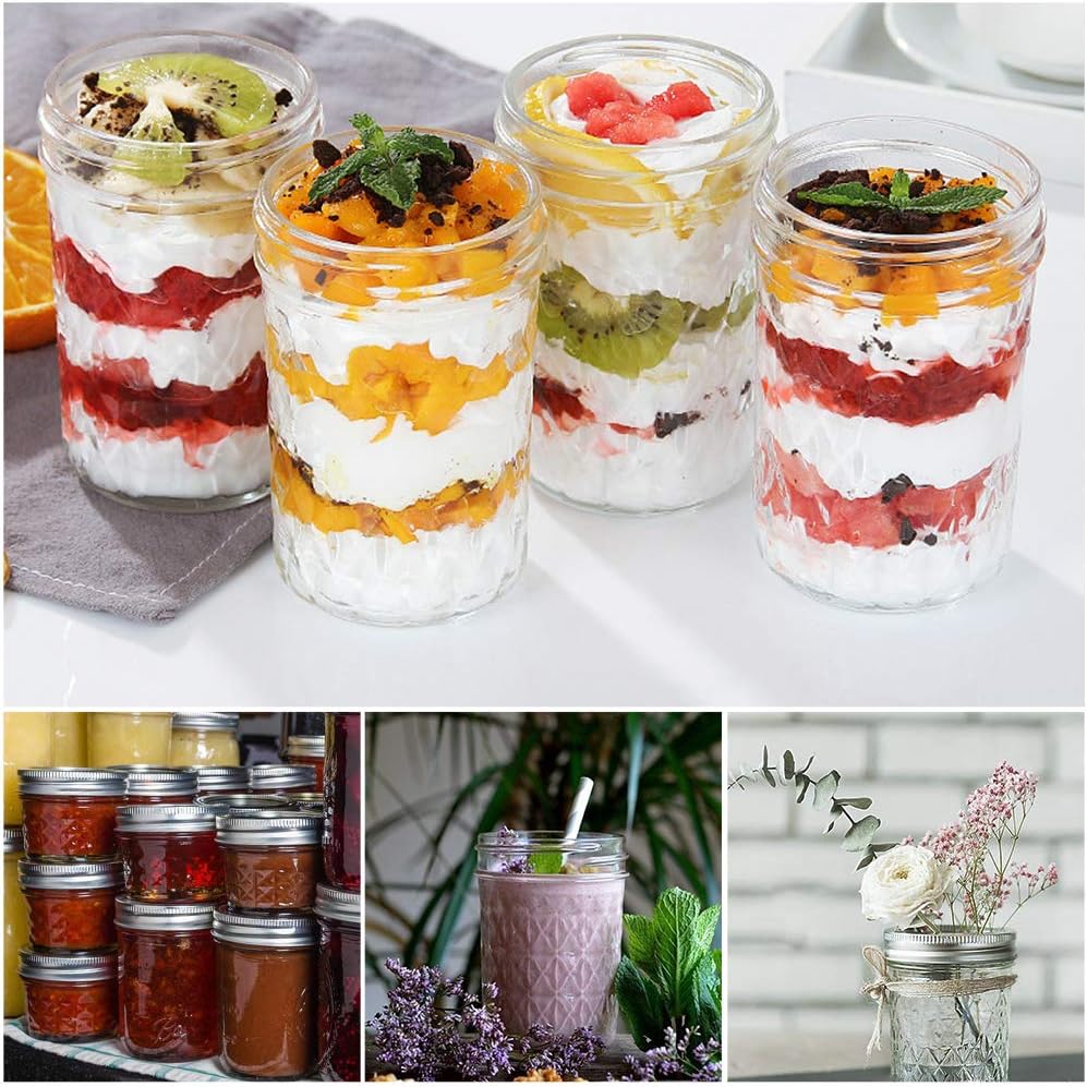 12 Pack Glass Mason Canning Jars With Regular Lids, Ideal for Jam, Jelly, Honey, Wedding Favors, Shower Favors, Baby Foods, DIY - 4 OZ x 4, 8 OZ x 4, 12 OZ x 4