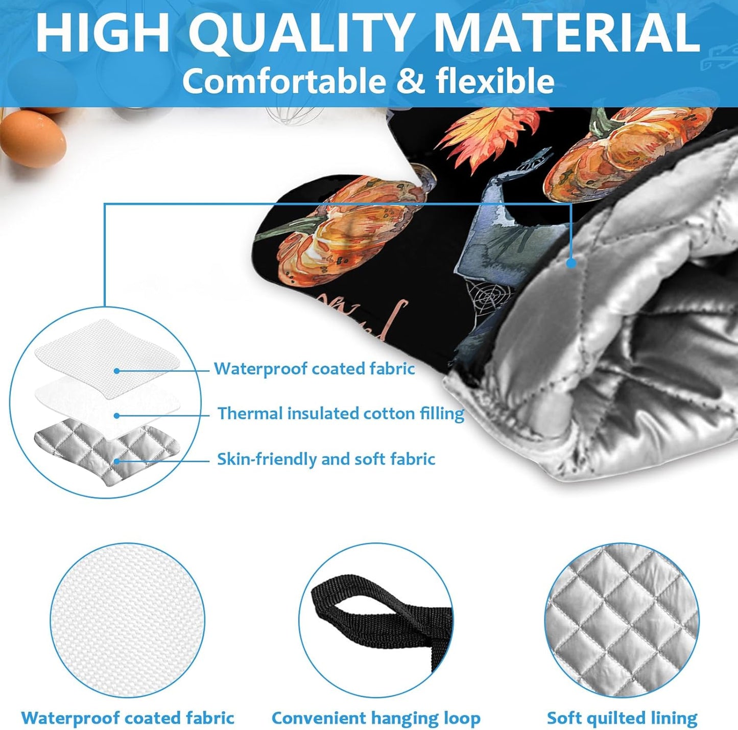 Halloween Pumpkin Autumn Maple Leave Oven Mitts and Pot Holders Sets Heat Resistant 4Pcs Potholders Oven Gloves Hot Pads for Kitchen Baking Cooking Grilling BBQ