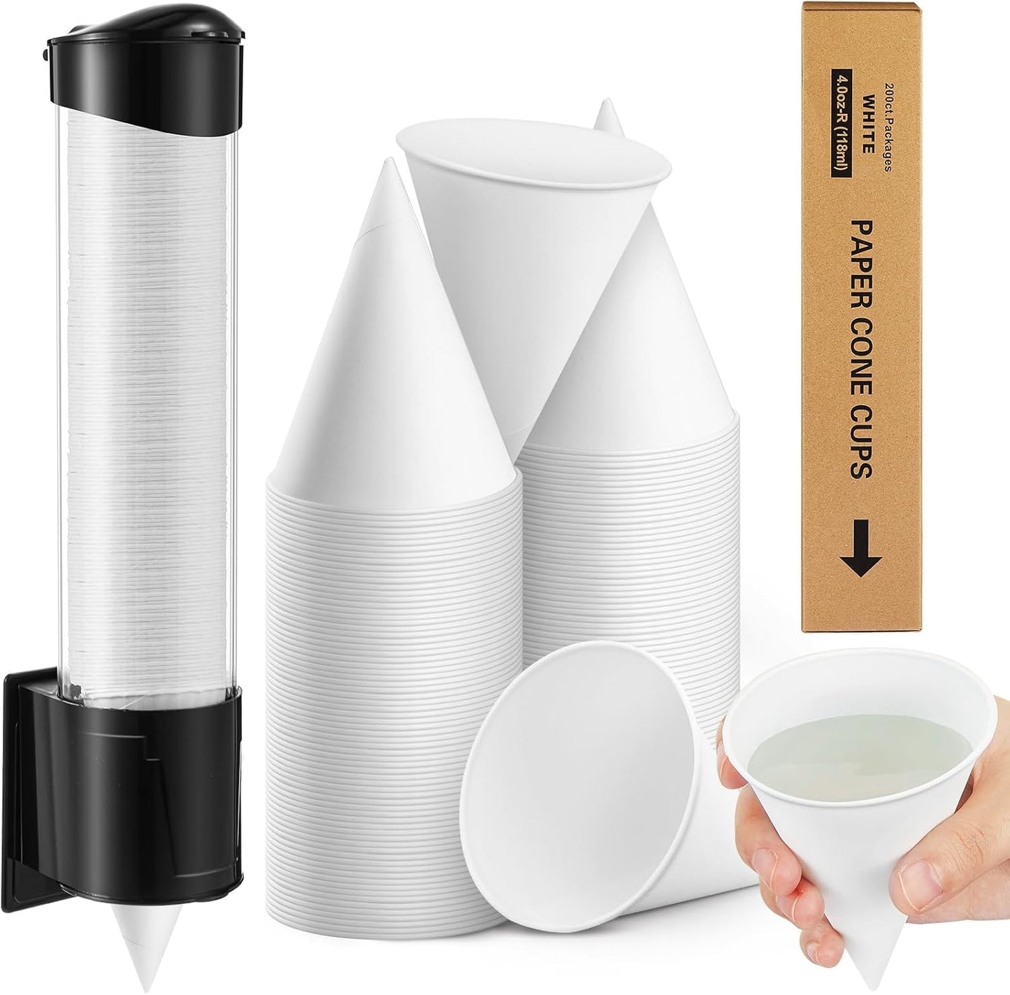 Roshtia 200 Pcs 4 oz Paper Cone Cups Thicken Disposable with 1 Cups Dispenser Pull Type Wall Mount Cup Holder Paper for Restaurants, Home, and Office, and Shaved Ice, Cold (Black)