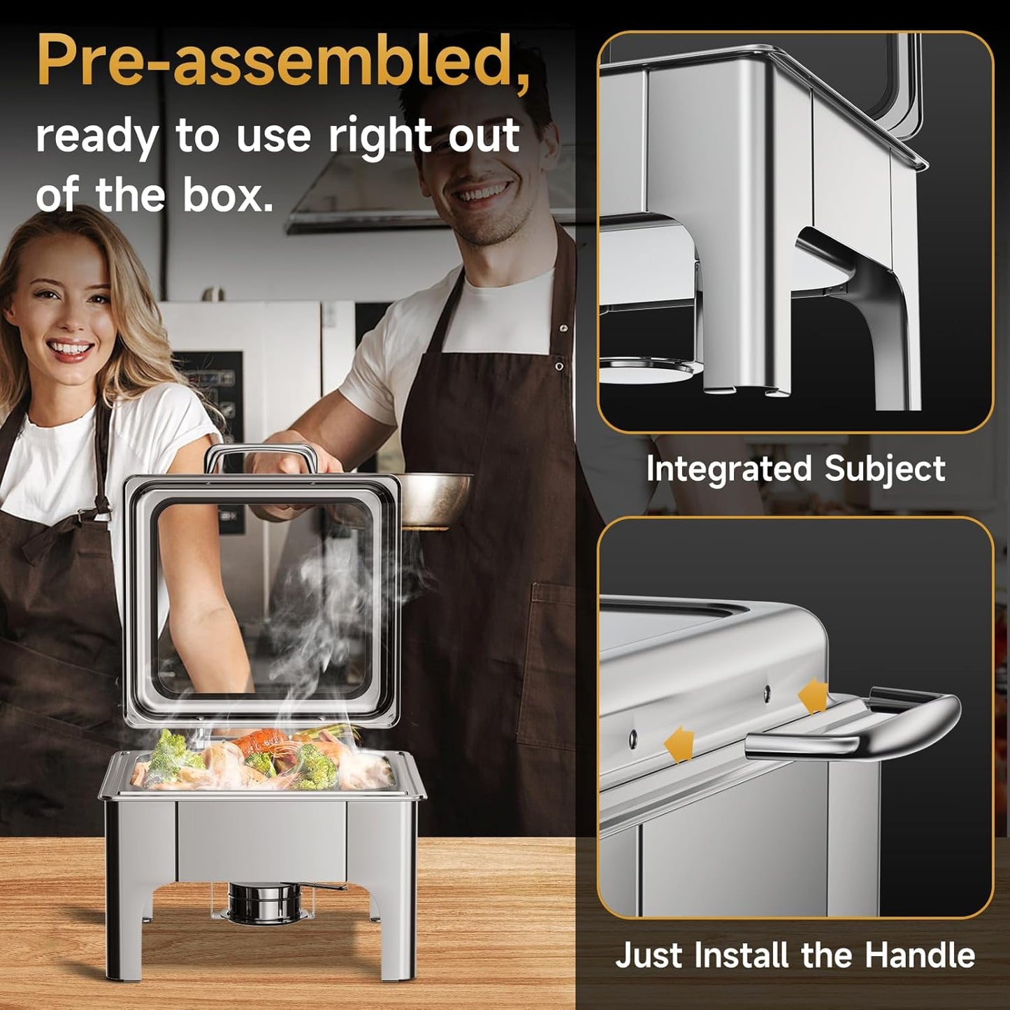 Chafing Dishes for Buffet, 6QT Square Stainless Steel Chafing Dish with Transparent Hydraulic Lid, 304 Food Pan, Buffet Warmer for Parties and Events (Silver)