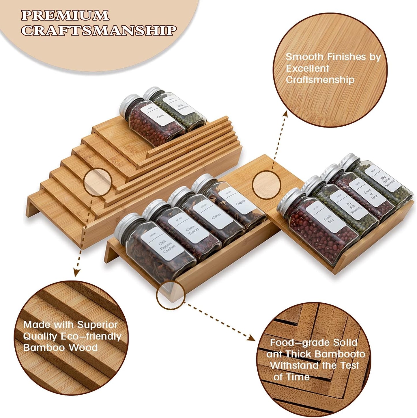 Bamboo Spice Rack Drawer Organizer - 8 Pieces Set- 10" Wide Per Piece - Combine Pieces Into 20" Wide Rack (10" or 20")