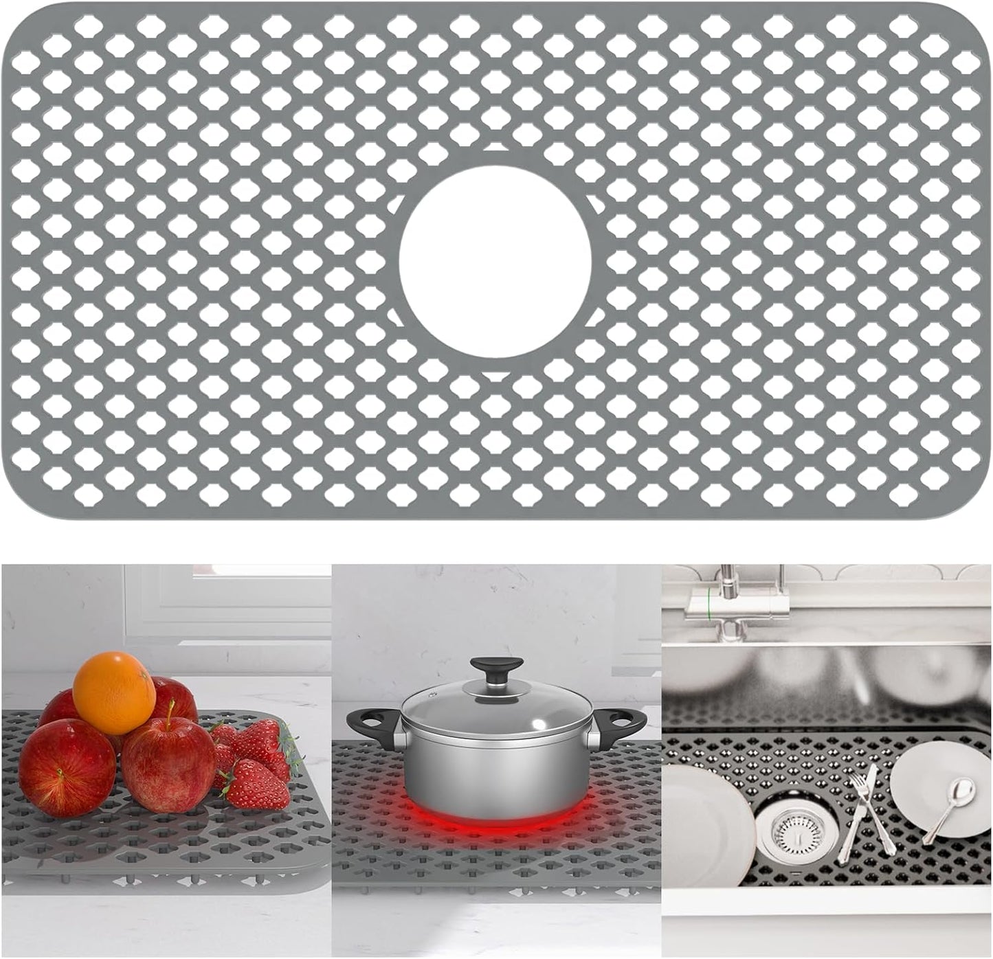 TOOVEM Silicone Kitchen Sink Mat with Non-slip, Stable, Farmhouse Sink Protector for Kitchen Stainless Steel Drainboard- Grey