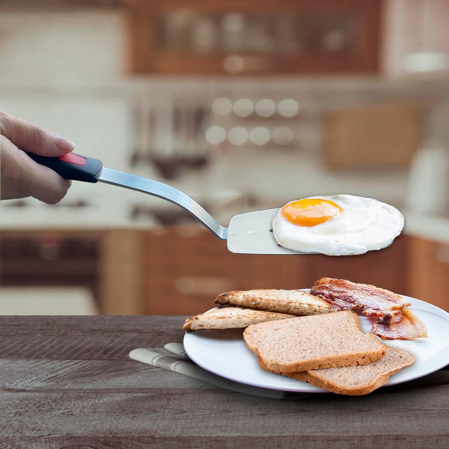 Stainless Steel Spatula, Flexible Metal Slotted Turner for Cast Iron Skillet, Thin Blade and Heat Resistant Silicone Handle, Great for Egg, Cookie, Meat, Crep, Medium