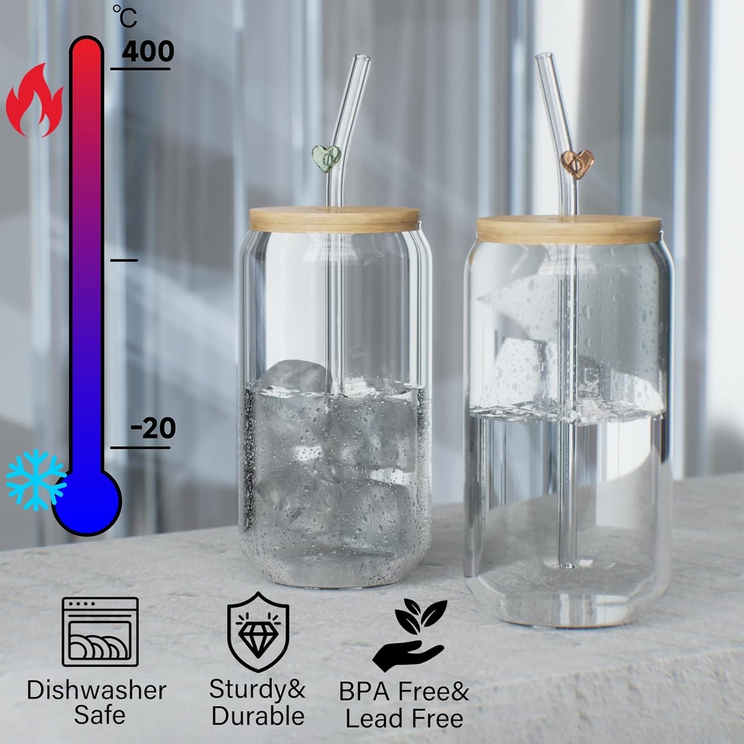 Reusable Glass Straws 8 Colorful Heart-Shaped Bent Straws with Cleaning Brushes, 8"x 0.3" Thick Clear Drinking Straw Set High Borosilicate Glass Drinking Straw for Tumblers 10 Pack Gift Wrap