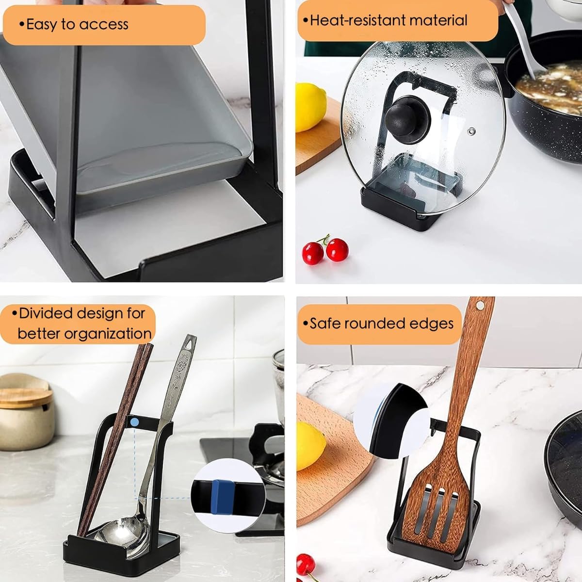 Spoon Rest and Lid Holder for Stove Top – Heat-Resistant Steel Organizer for Utensils, Lids, and Tongs – Drip Tray for Kitchen Counter