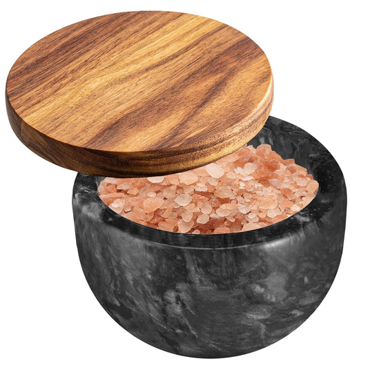 Salt Box Salt cellar with spoon Black Marble Base Natural Acacia Top Decorative Boxes Spice Seasonings Keeper Salt Container Elegant Design Salt Cellar Spice Cellar