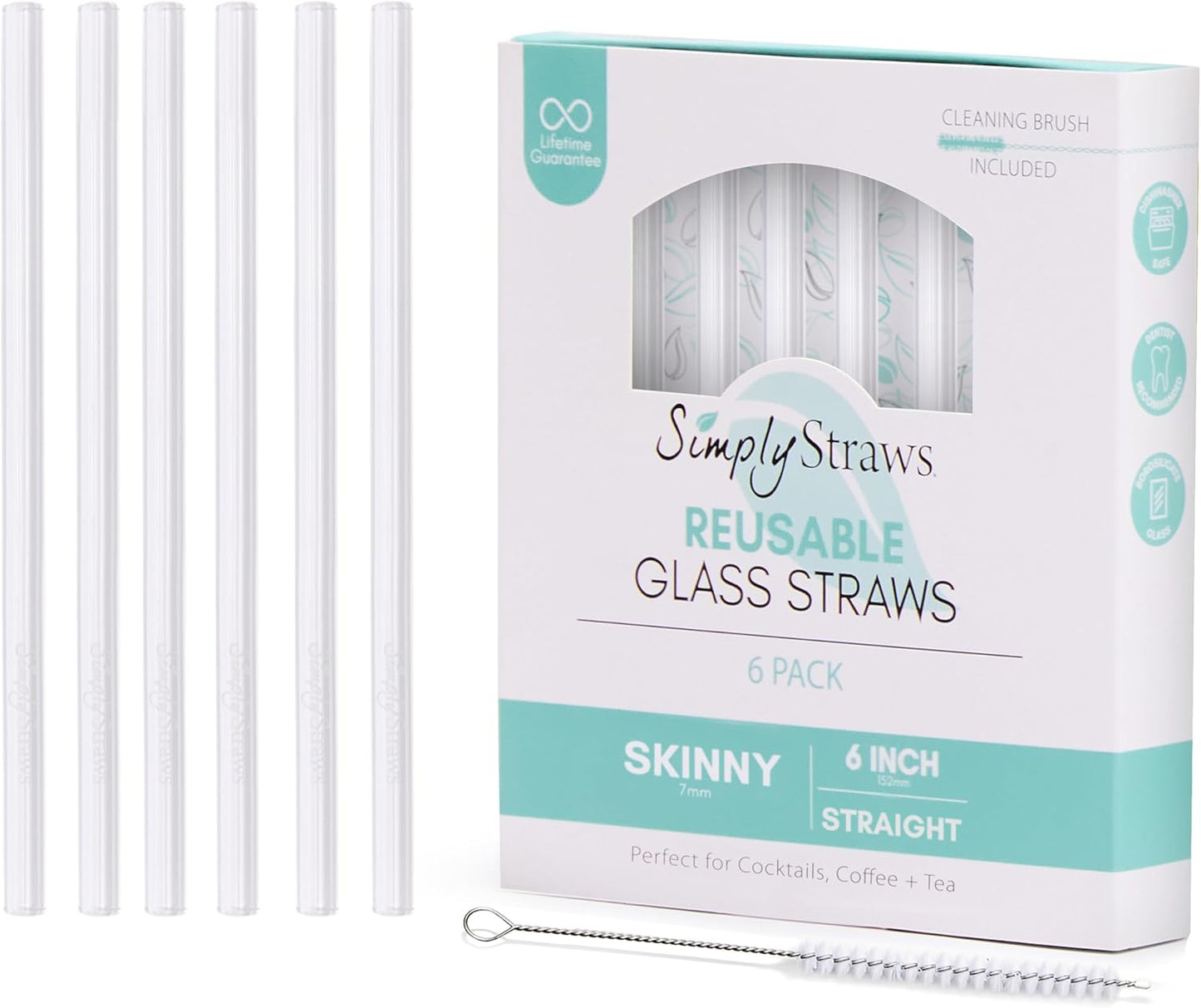 Simply Straws 6 Inch Skinny Glass Straws (6-Pack) - Reusable Cocktail Straws for Mixed Drinks, Low Balls, Coffee & Tea, with Cleaning Brush – Dishwasher Safe, Hot & Cold Use, BPA-Free (Air)