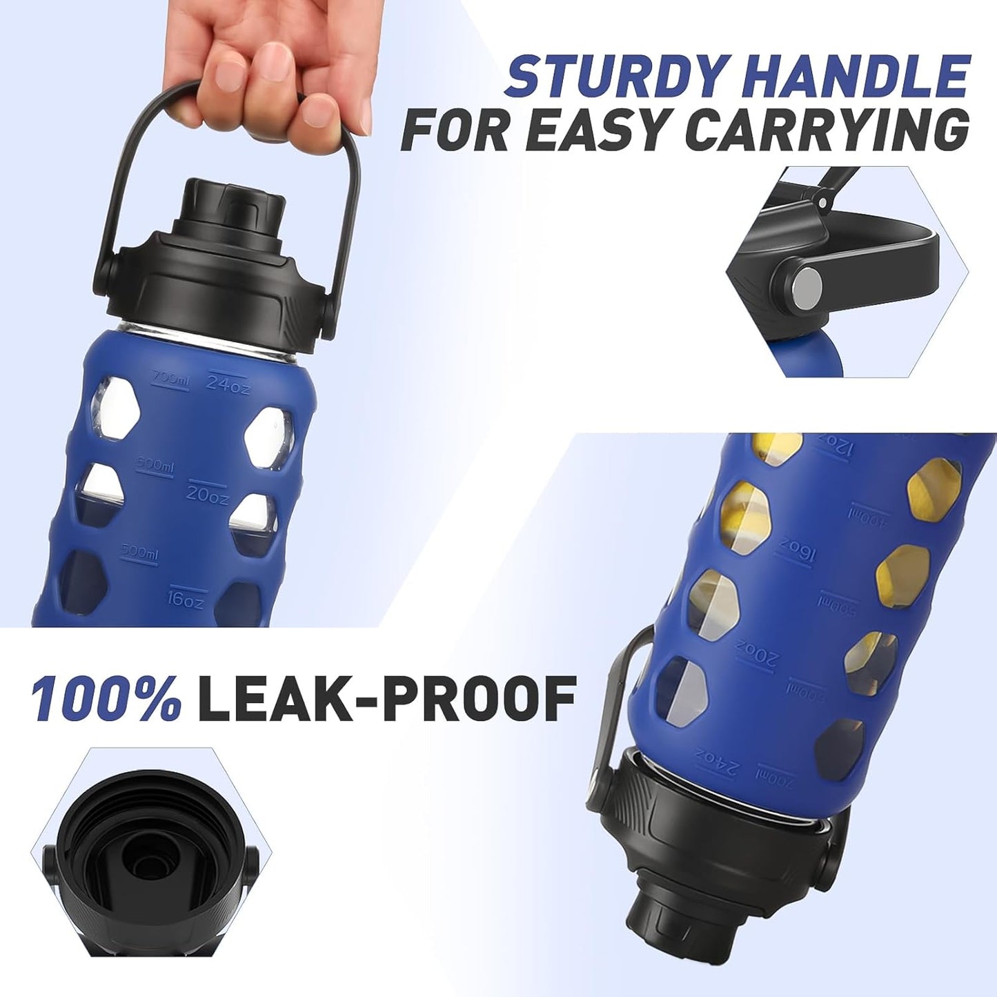 MUKOKO Glass Water Bottles, 24oz Glass Tumbler with Straw, Drinking Bottles with 2 Lids-Handle Spout Lid&Bamboo Straw Lid, Motivational Water Bottle with Time Marker and Silicone Sleeve, 1 Pack-Blue