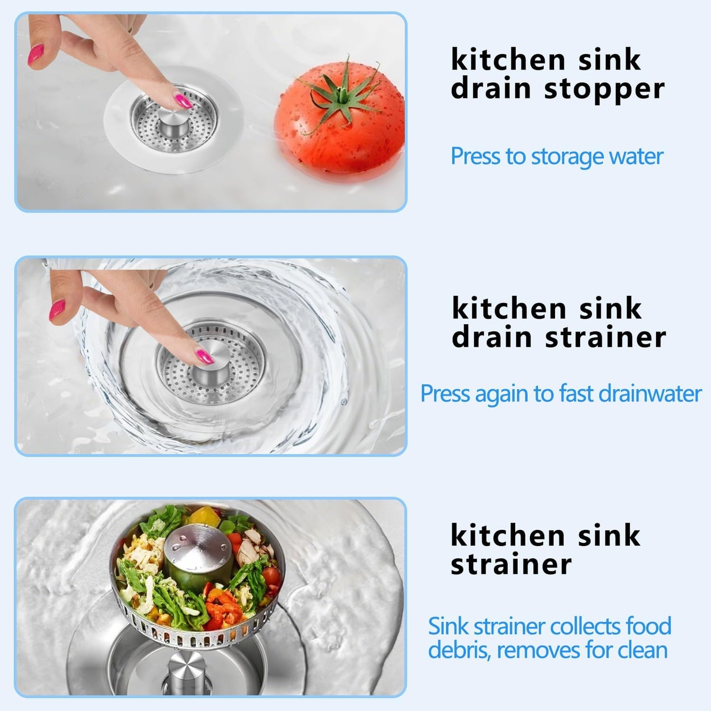 3-in-1 Kitchen Sink Drain Strainer Stopper, Upgraded Stainless Steel Sink Plug with Anti-Clog Filter Basket, Fits Standard 3-1/2 Inch Drain Hole, Pop Up Garbage Disposal Cover, Universal Food Catcher