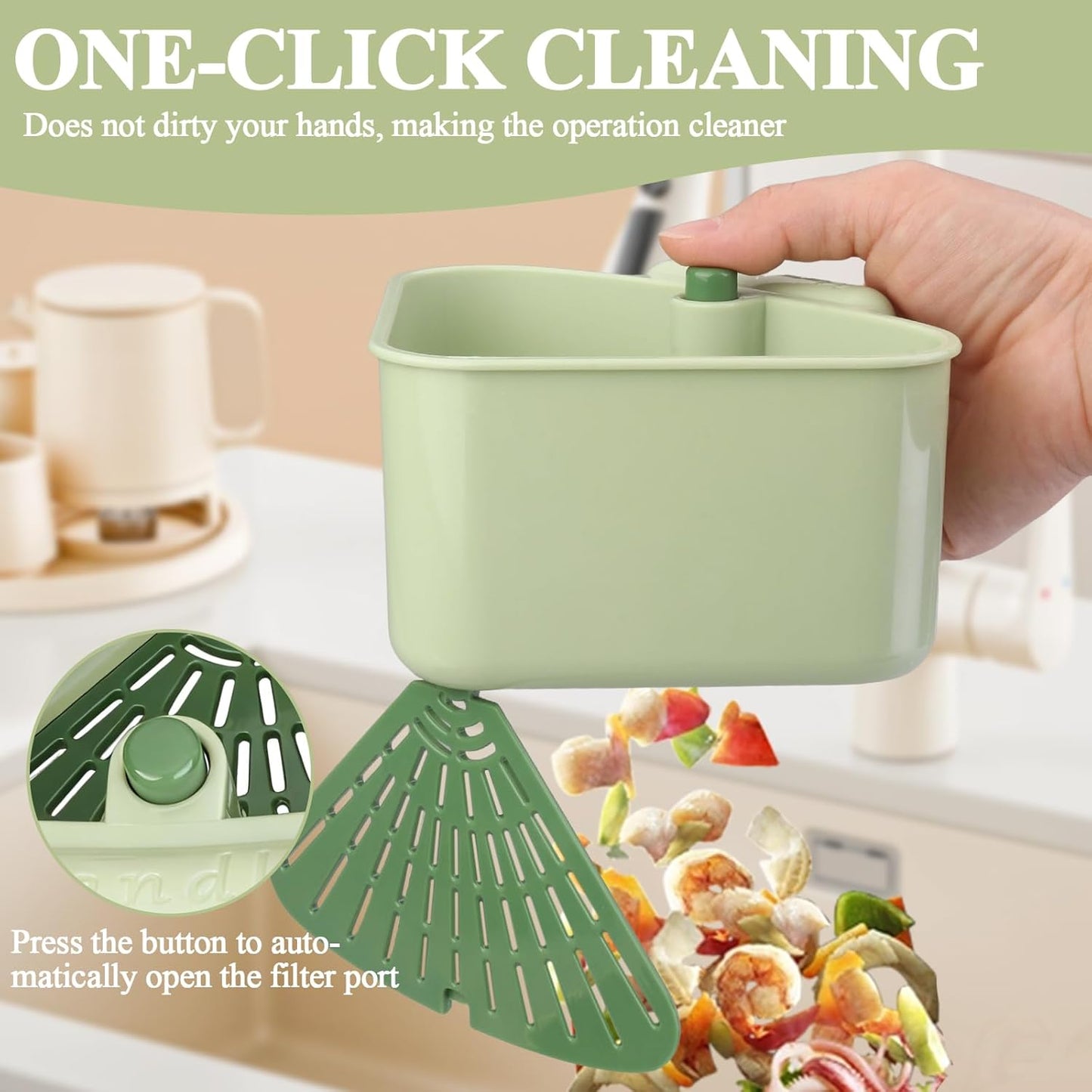 Sink Strainer Basket, 2025 New Upgraded Suction Cup Sink Corner Rack, Triangle Suction Cup Press Sink Drainer Basket, Automatic Dumping Corner Sink Trash Catcher for Kitchen Bathroom (Green)