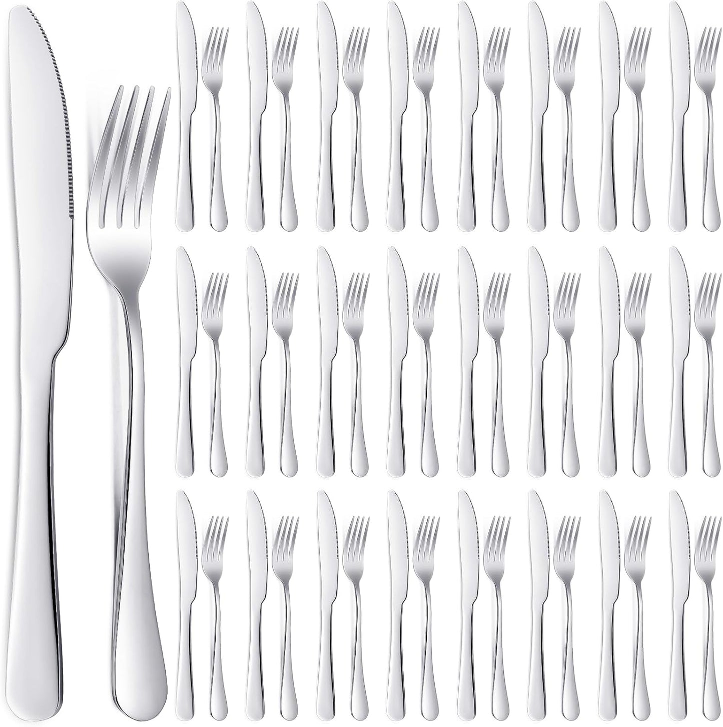 Nuenen 50 Pieces Stainless Steel Forks Silverware Set Dinner Forks and Knives Flatware Tableware Cutlery Set for Kitchen Restaurant(8.07 x 0.94 Inch, 9.06 x 0.79 Inch,Shiny Silver)