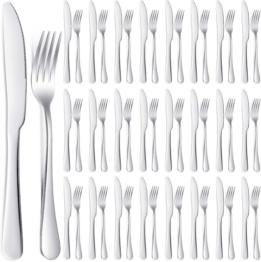 Nuenen 50 Pieces Stainless Steel Forks Silverware Set Dinner Forks and Knives Flatware Tableware Cutlery Set for Kitchen Restaurant(8.07 x 0.94 Inch, 9.06 x 0.79 Inch,Shiny Silver)