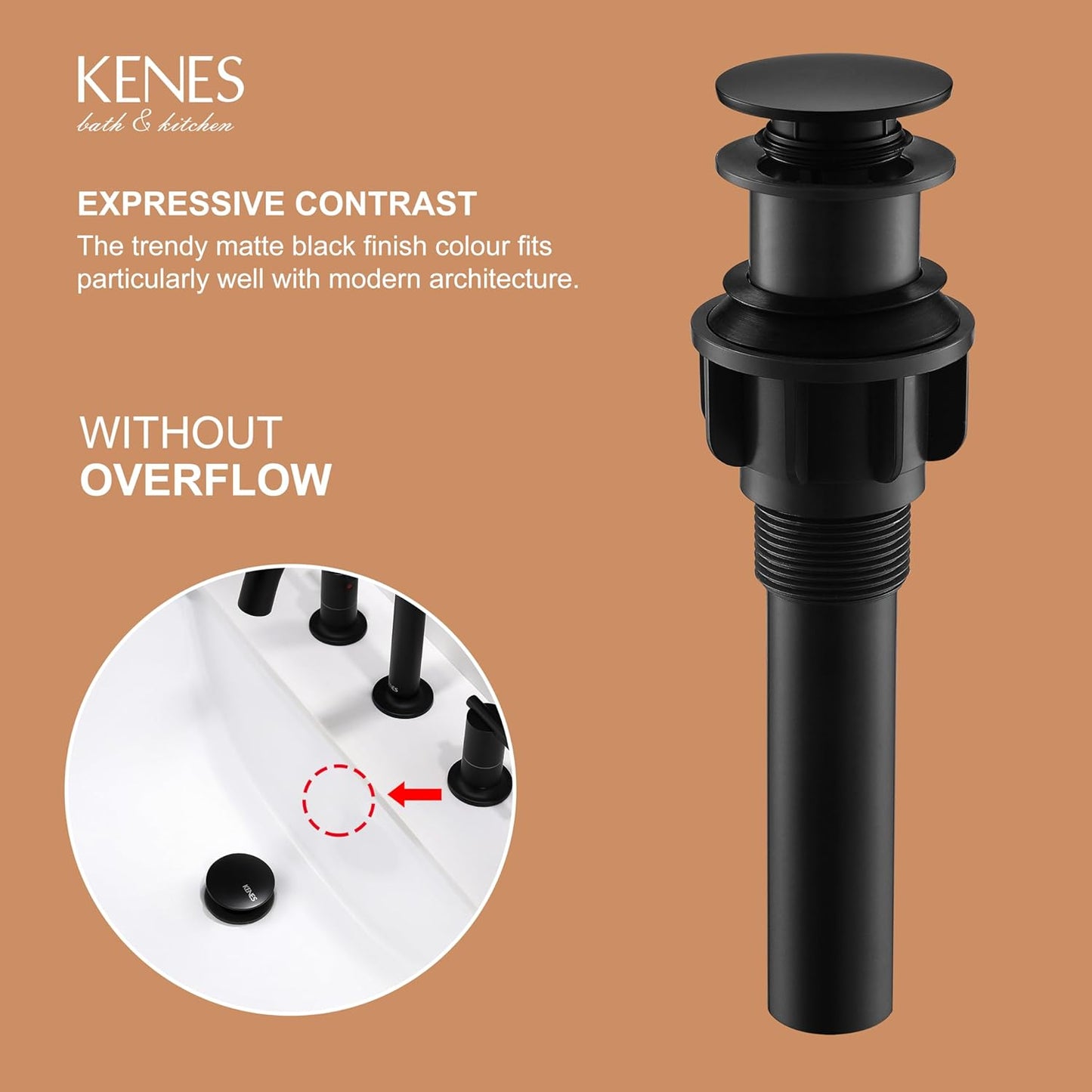 KENES Bathroom Vessel Sink Pop Up Drain Without Overflow Assembly, Lavatory Vanity Sink Drain Stopper, Anti-Clogging Drain Strainer, Matte Black, KE-P300A-2