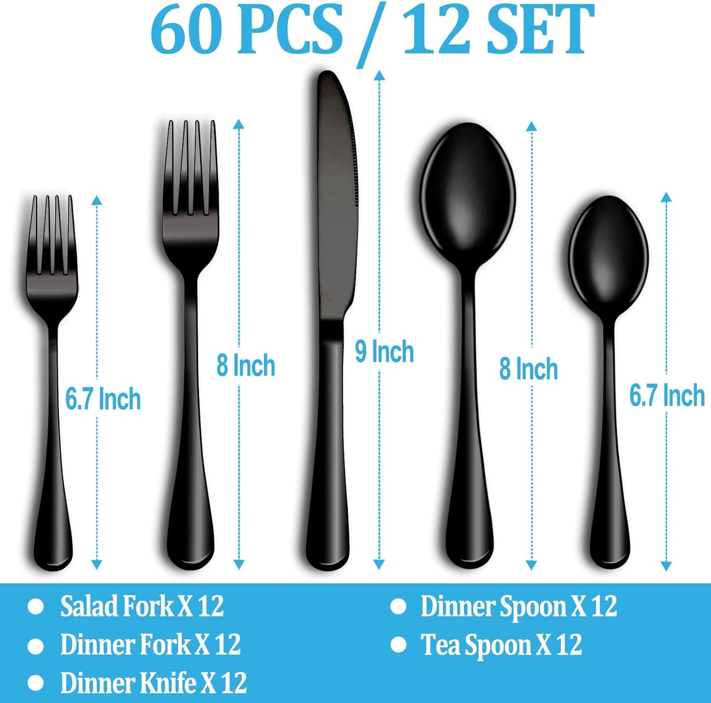 60 Pcs Black Silverware Set, Stainless Steel Serving Sets Service for 12, Mirror Polished Serving Utensils Set, Durable Home Kitchen Eating Tableware Set, Include Fork Knife Spoon Set,Dishwasher Safe