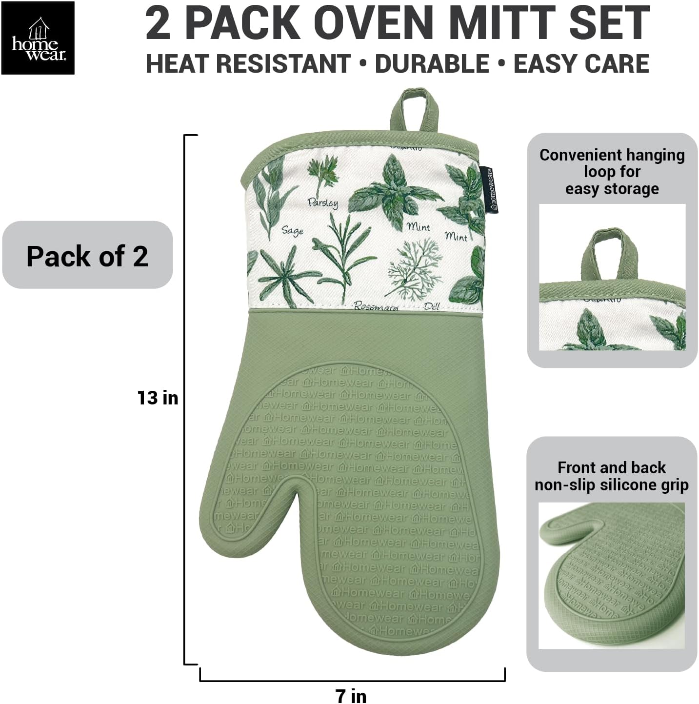 Delaney Silicone Oven Mitts Set - Extra Long, Heat Resistant Kitchen Gloves, Non-Slip Holders for BBQ, Baking, Cooking Essentials, Sage & Herbs, Kitchen Decor, Oven Gloves, New Home Gifts