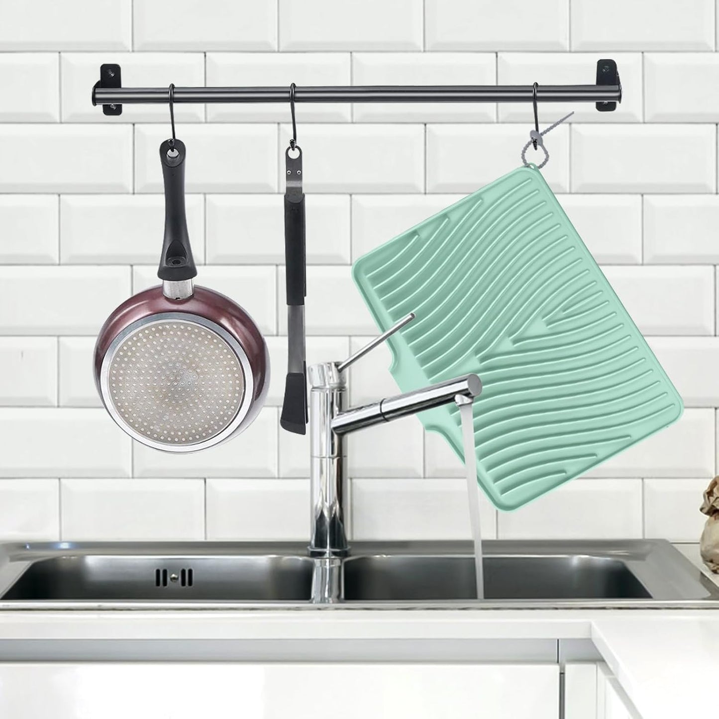 Silicone Dish Drying Mat for Kitchen Counter, Dish Drying Pad, Non-Slip Drain Pad with Built-in Drain, Heat Resistant Stone Drying Mat(15.8" x 13", Mint)