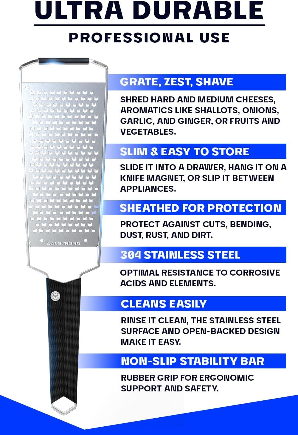 Dalstrong Professional Wide Cheese Grater - Coarse - #304 Stainless Steel Blade - G10 Handle Kitchen Shredder - w/Blade Cover - Hard/Medium Cheese, Shallots, Garlic, Ginger - NSF Certified