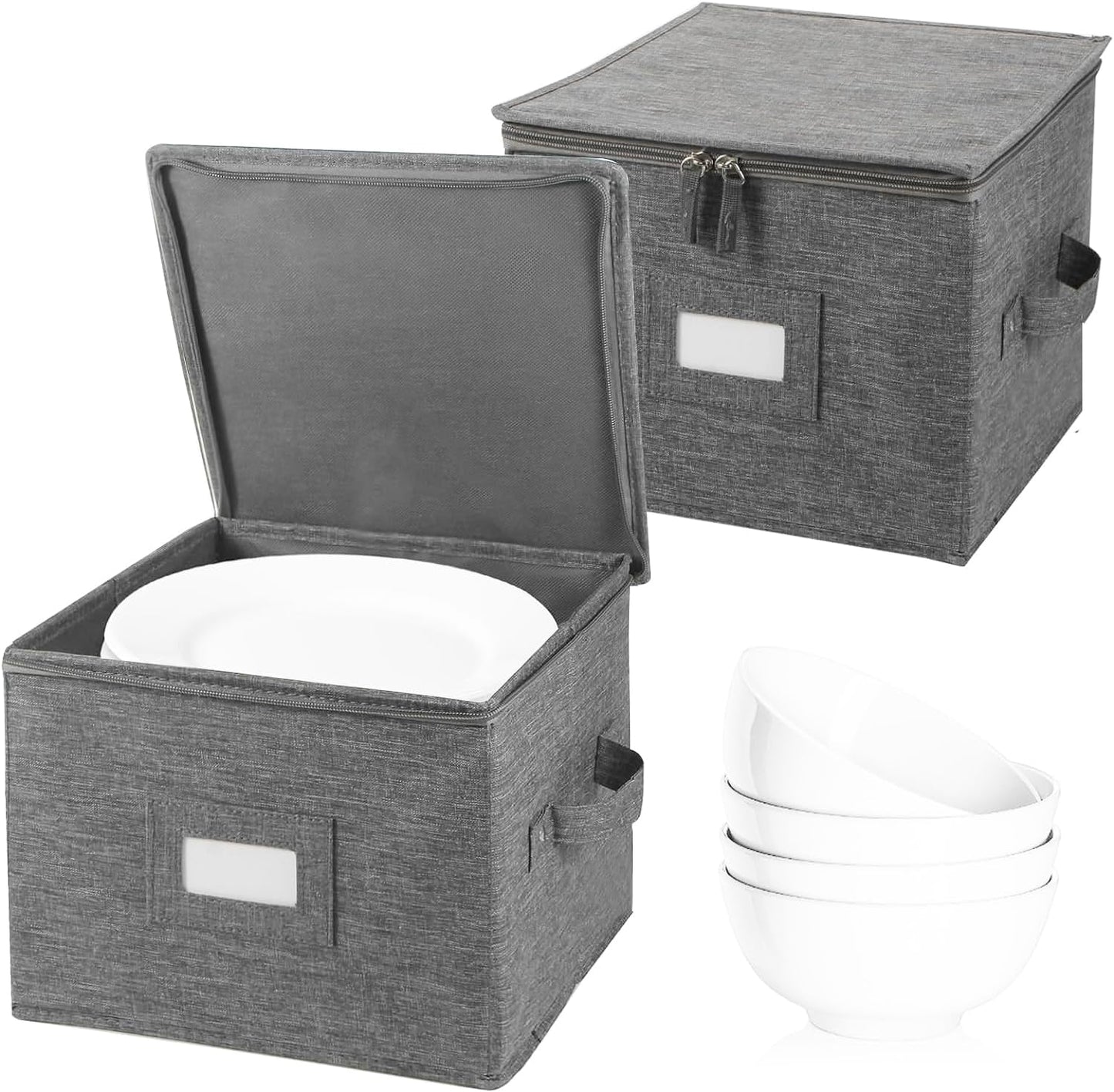 popoly 7" Saucer Storage Case 2 Pack, China Storage Container with 24 Felt Dividers for Bowls and Appetizer Plates, Stackable with Hard Shell on all sides (Grey)